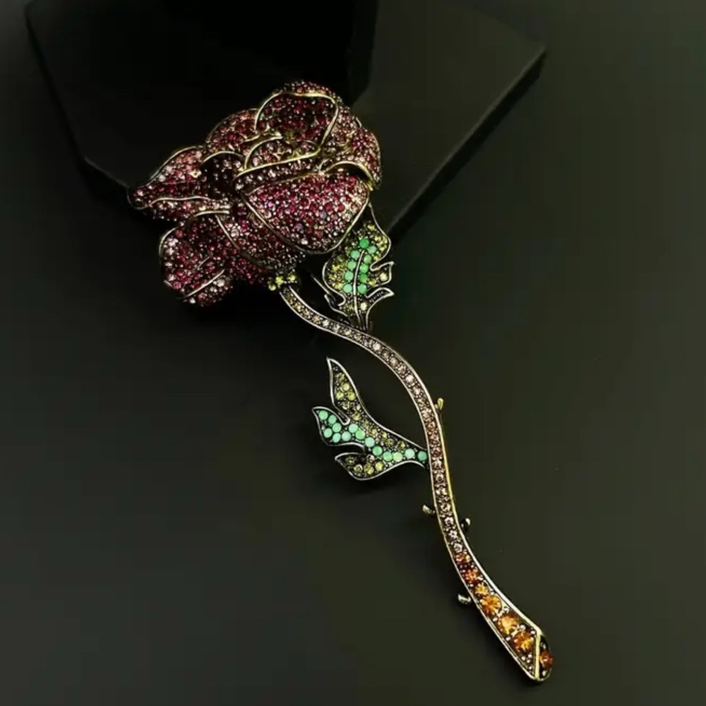 VINTAGE ROSE LARGE RHINESTONE BROOCH - Picture 4 of 6